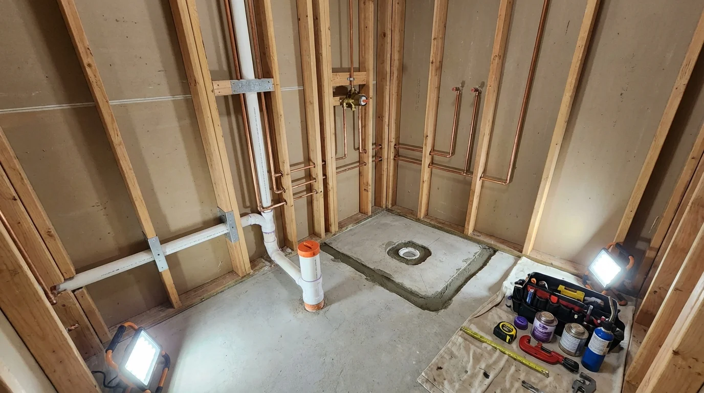 Bathroom rough-in plumbing during remodel by Johns Plumbing LLC in Piketon