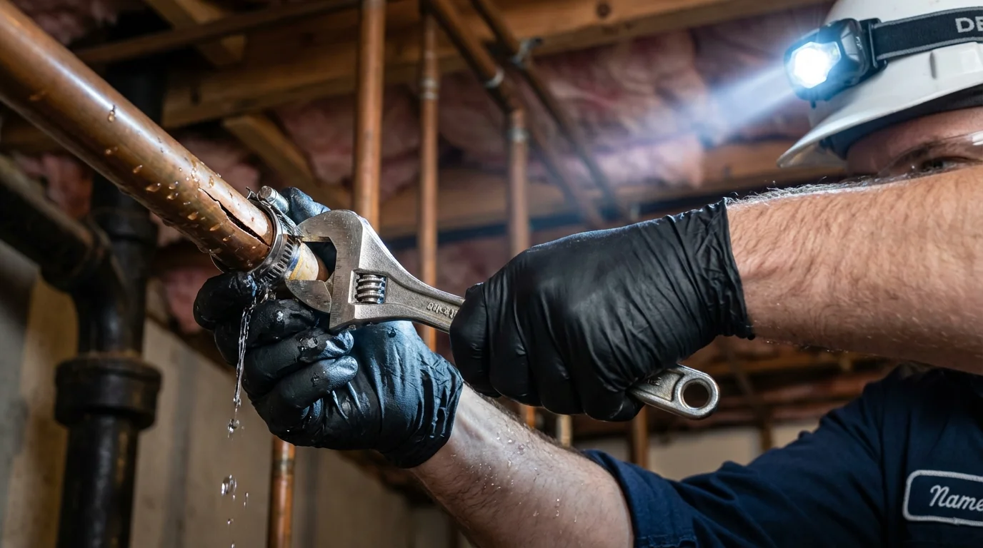 Emergency pipe clamp repair being performed by a Johns Plumbing LLC plumber in Piketon