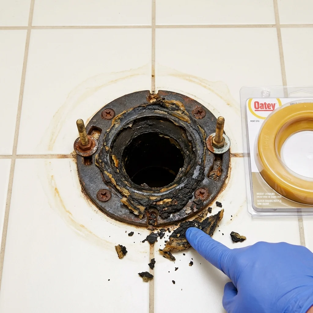 Failed wax ring showing water seepage at the base of a toilet in a Piketon, OH home
