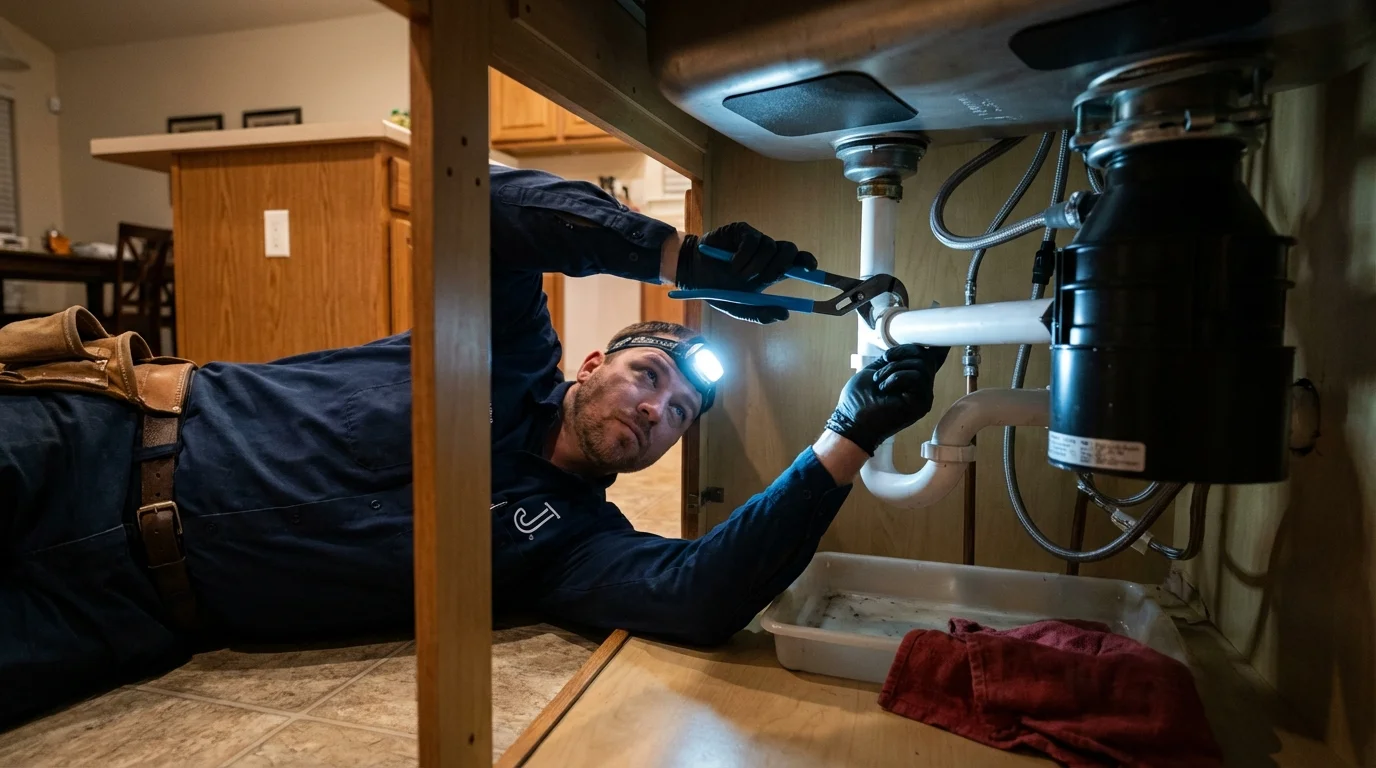 P-trap and supply line connections under a kitchen sink showing a common leak point in Piketon, OH